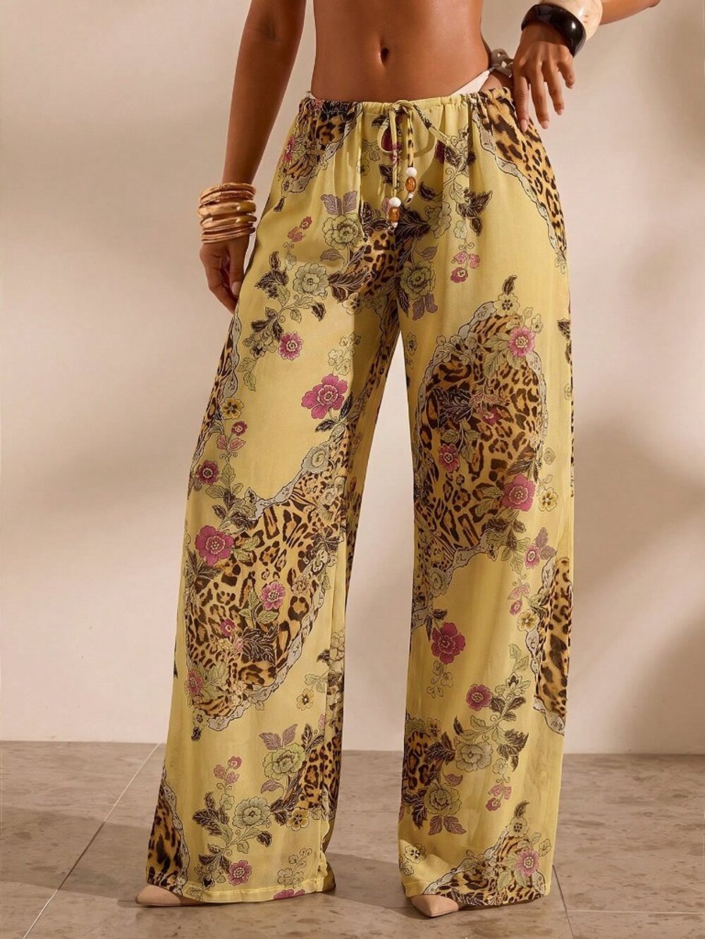 Multicolor Women's Floral Print Casual Vacation Cover-Up sheer Pants - Picture 7 of 8